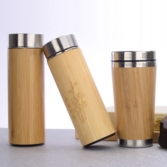 450ml stainless steel & bamboo bullet shape thermos vacuum flask